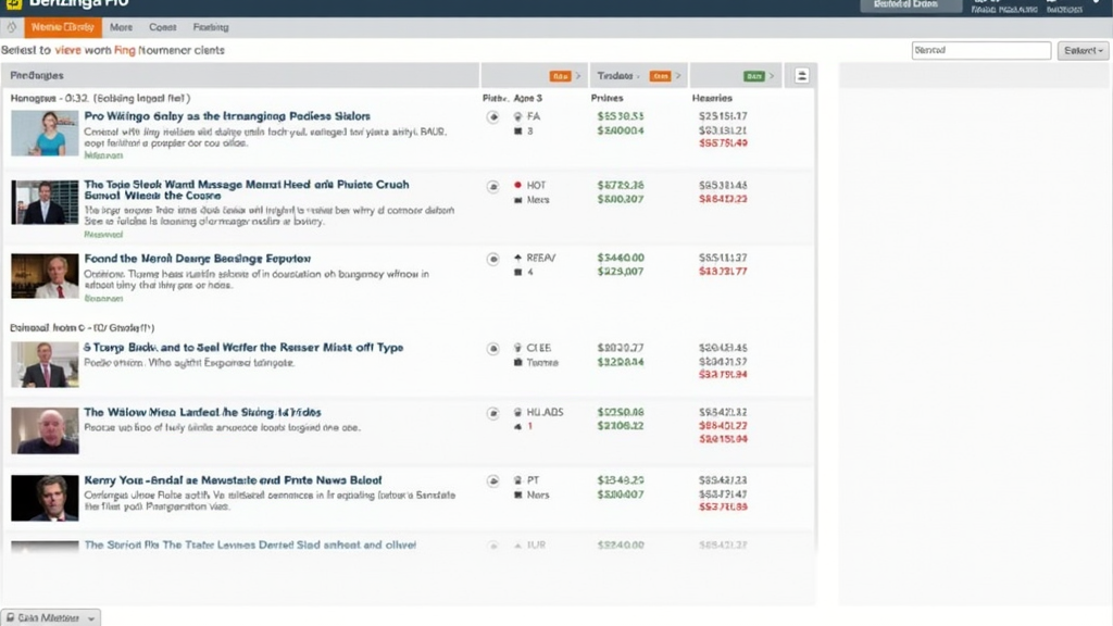 Detailed Benzinga Pro newsfeed showing company headlines, price movement tags, and news filtering options