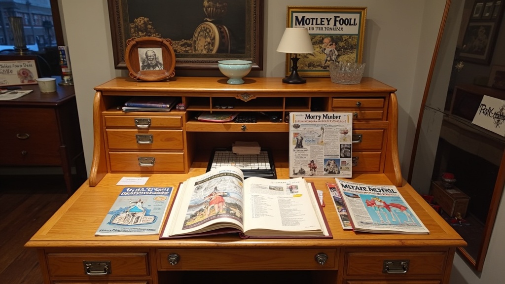 Vintage Motley Fool magazine and memorabilia on wooden desk